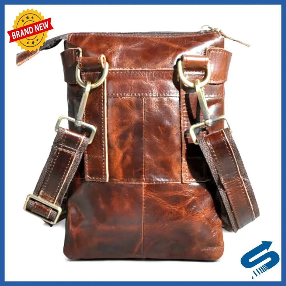 Genuine Leather Fanny Pack Messenger Bag Adjustable Strap Tablet Fit - Picture 2 of 7